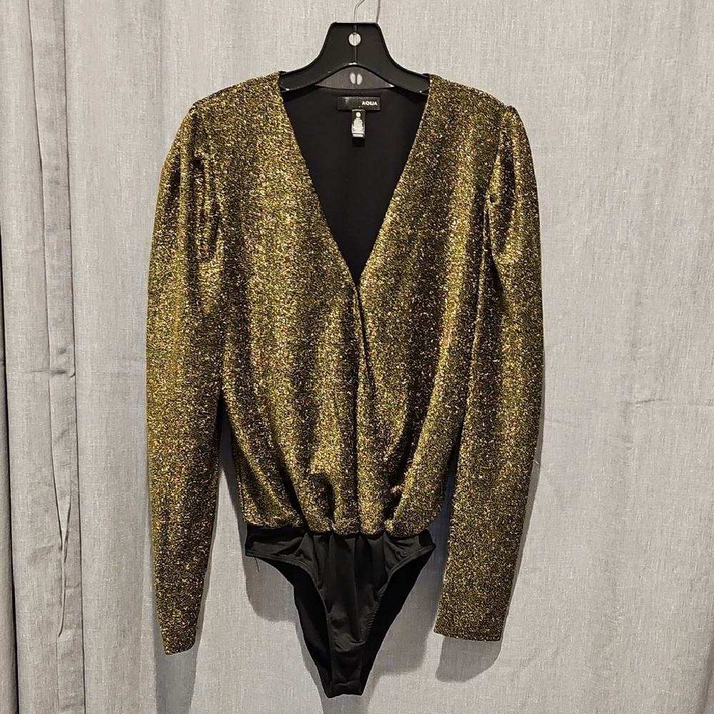 Aqua Bloomingdales Gold Metallic Sparkle Shine Long Sleeve Bodysuit